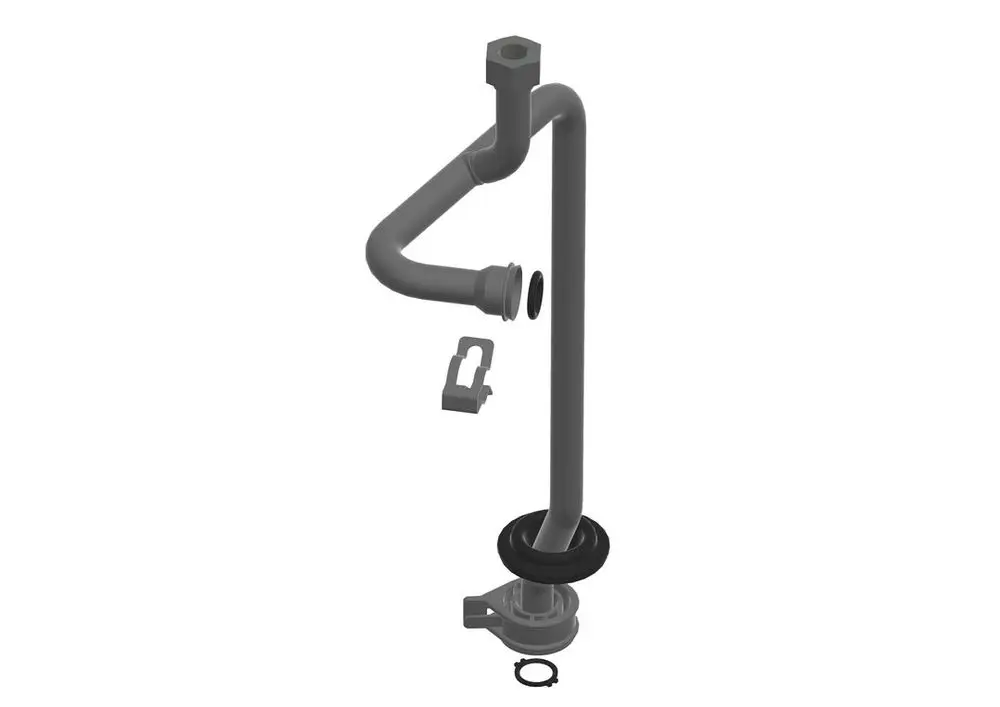 Bosch Rohr, eine gebogene Rohrkomponente mit Anbindung für Verbindungselemente, ergänzt durch eine Dichtung und einen Halteclip.